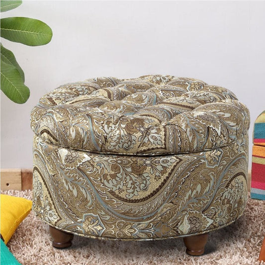 Paisley Patterned Fabric Upholstered Wooden Ottoman with Hidden Storage, Multicolor - N8264-F1044 By Casagear Home