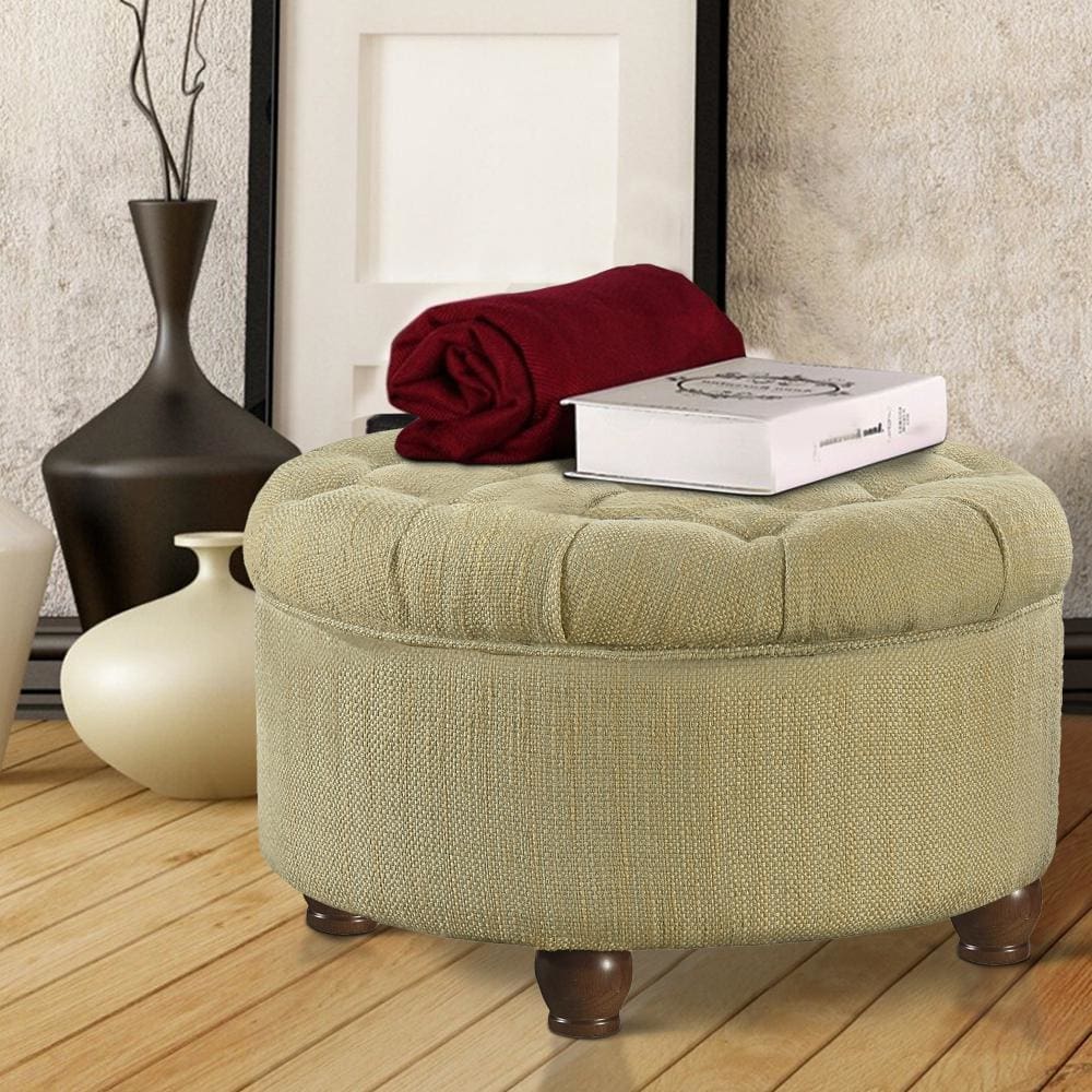 Fabric Upholstered Wooden Ottoman with Tufted Lift Off Lid Storage, Beige and Brown