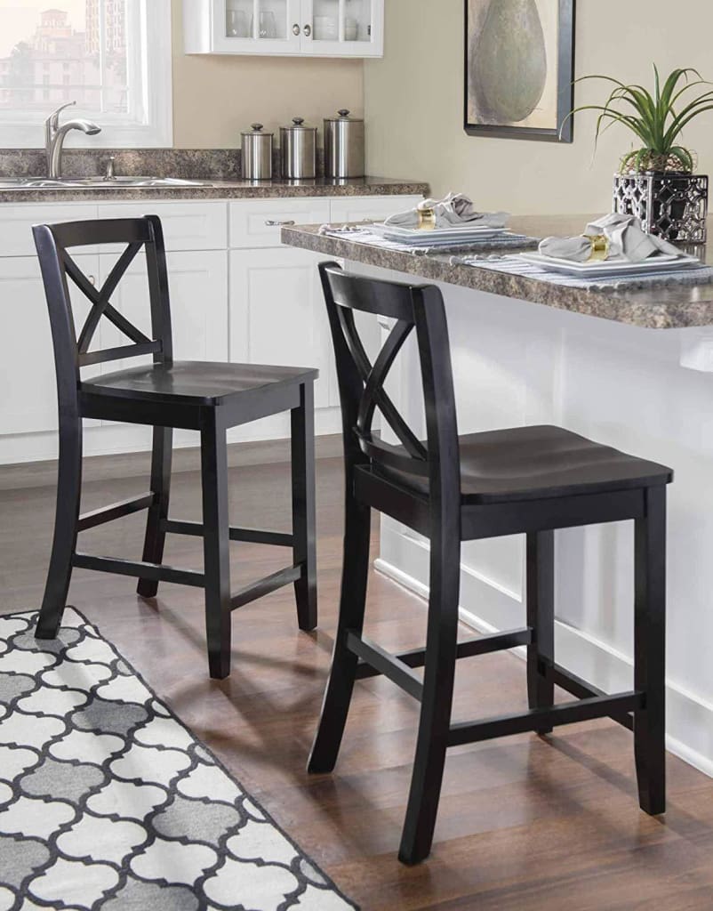 Wooden Counter Stool with X shaped Backrest and Curved Headrest, Black