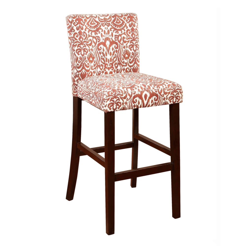 Wooden Bar Stool with Patterned Fabric Upholstery, Red and White