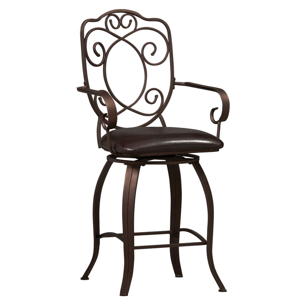 Metal Counter Stool with Armrests and Scrollwork Details, Brown