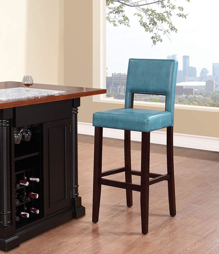 Wooden Bar Stool with Padded Seat and Open Backrest, Blue