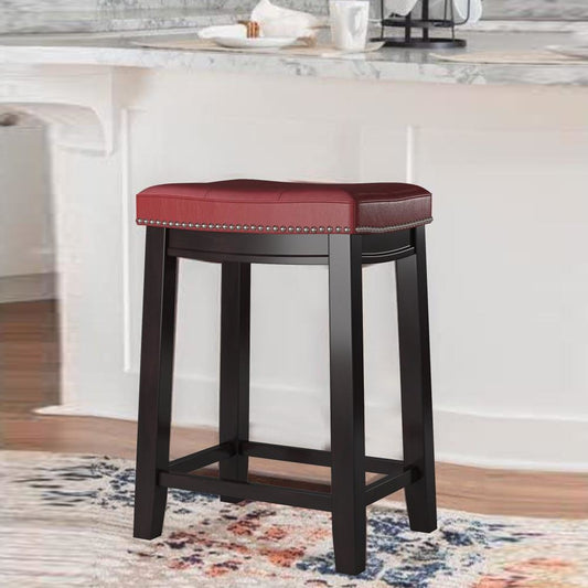 Wooden Counter Stool with Faux Leather Upholstery, Red and Brown - 55815RED01U