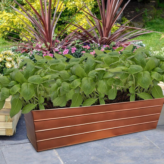 Rectangular Metal Flower Planter Box with Embossed Line Design, Large, Copper