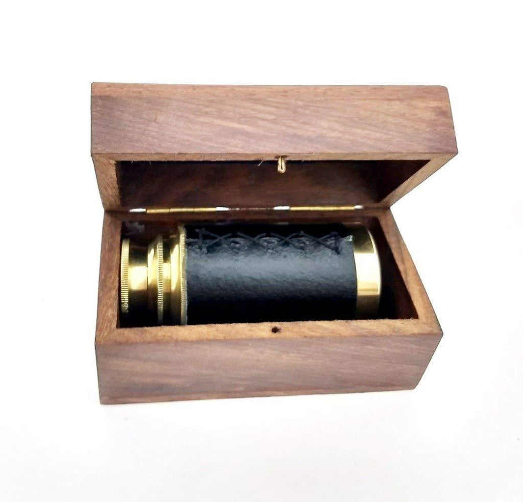 6 Inch Brass Spyglass with Pull Out Wooden Box Gold and Brown NAU-BR48256