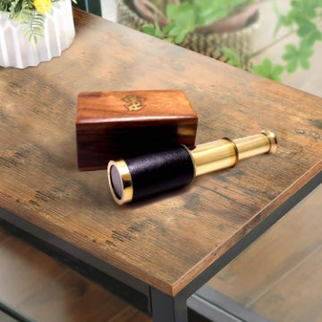 6 Inch Brass Spyglass with Pull Out Wooden Box, Gold and Brown