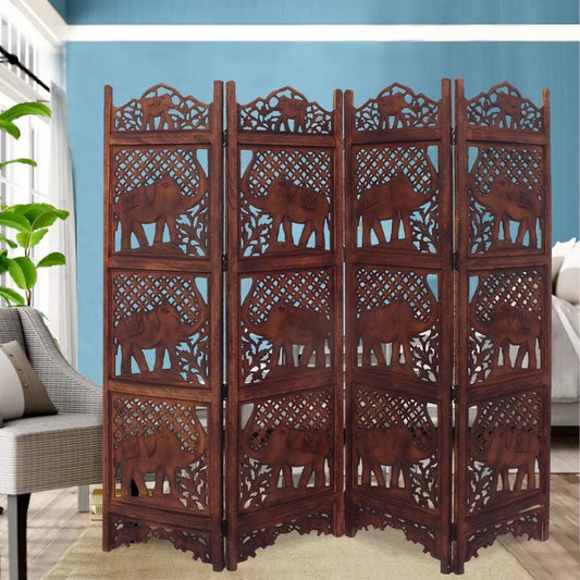 Zofi Hand Carved Elephant Design Foldable 4 Panel Wooden Room Divider, Brown- By Casagear Home