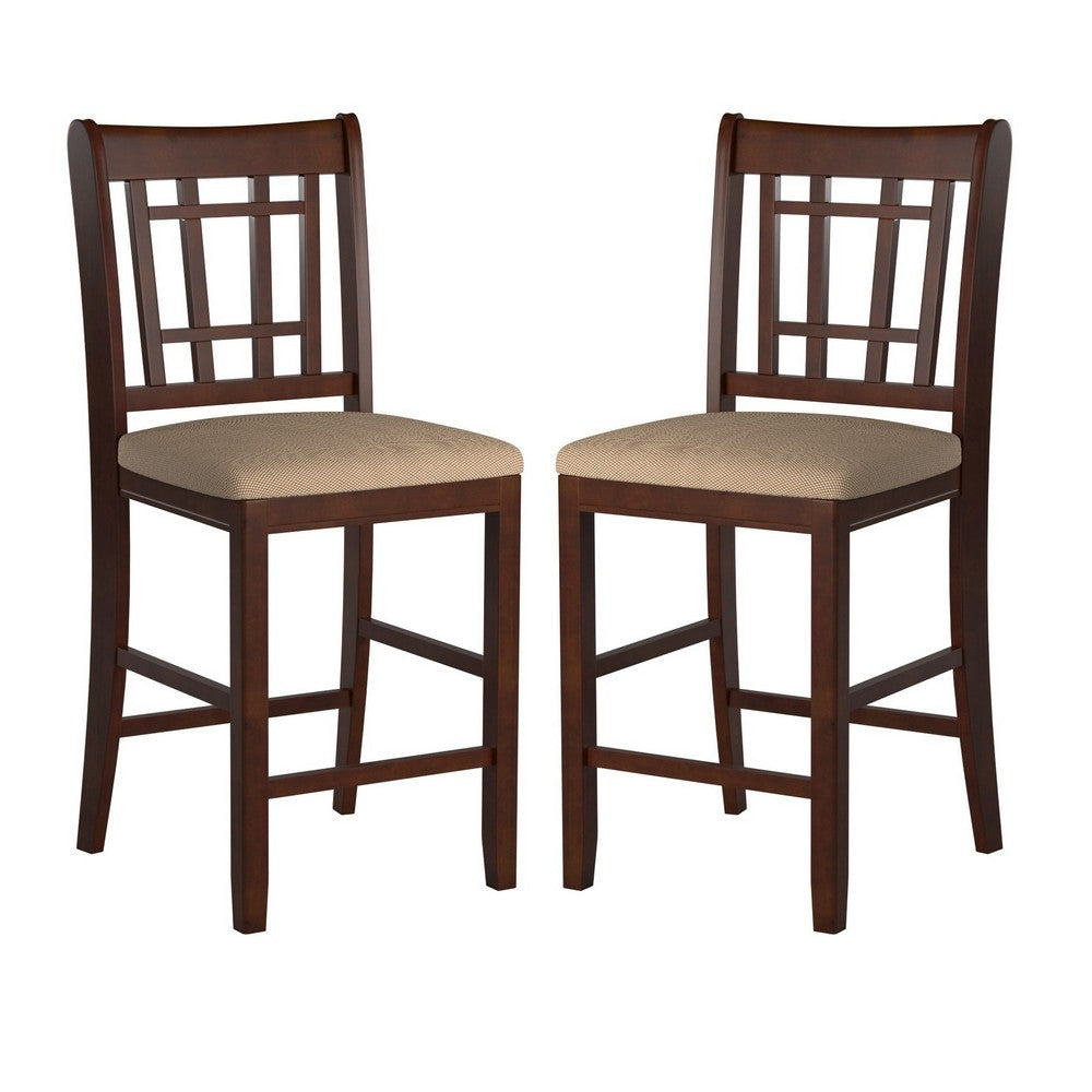 Counter Height Chair | Wood Frame | Dark Brown & Cream | Set of 2