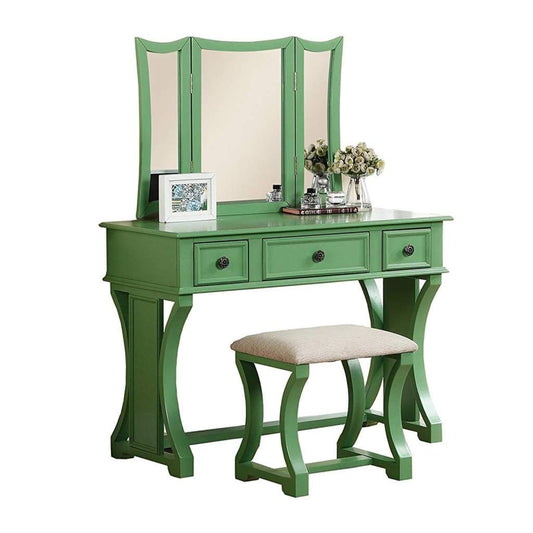Modish Vanity Set Featuring Stool And Mirror Green By Poundex
