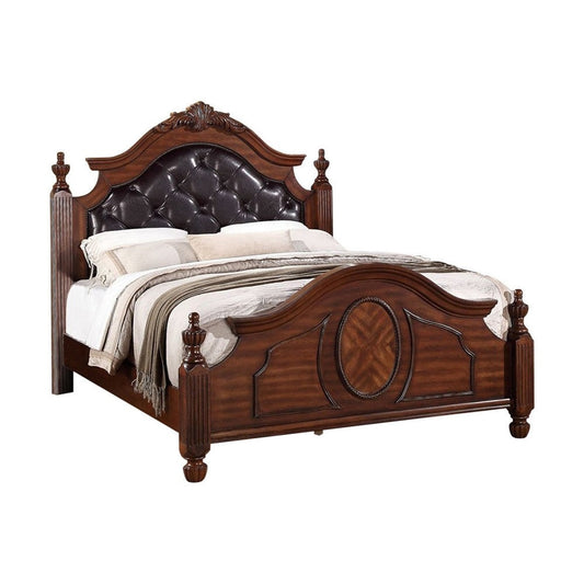 Transitional Wooden Queen Bed With PU HB & Circular Floral Design, Cherry Finish By Casagear Home