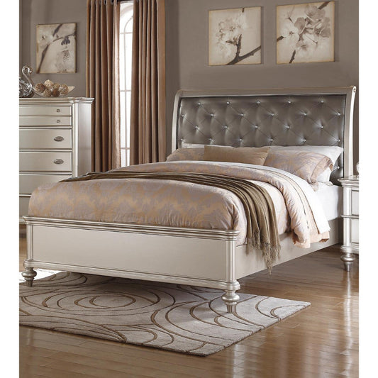 Opulent Wooden E.King Bed With Silver PU Tufted HB, Shinny Silver Finish By Casagear Home