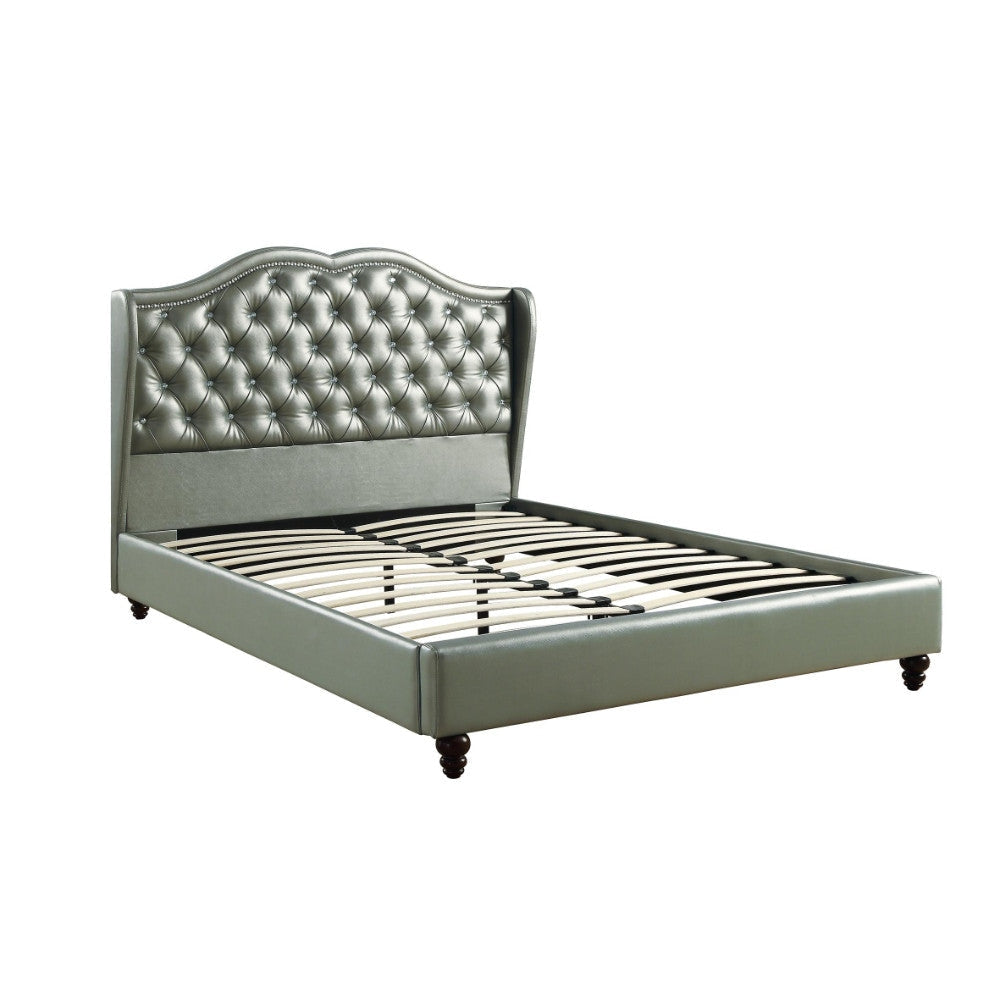 Opulent Queen Wooden Bed With PU Tufted Headboard, Silver By Casagear Home