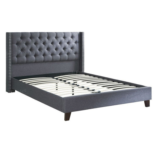 Queen Bed | Polyfiber Upholstery | Nailhead Trim | Blue Gray