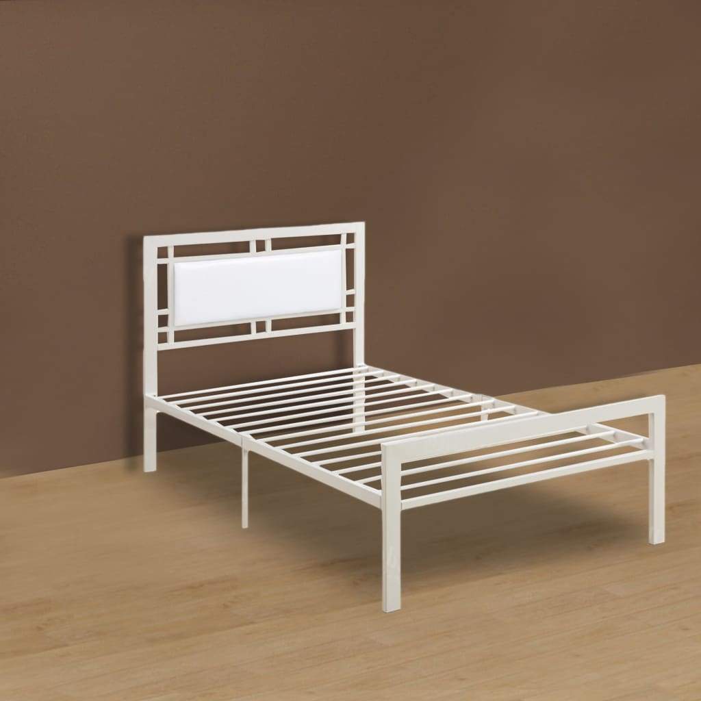 Metal Frame Twin Bed With Leather Upholstered Headboard White