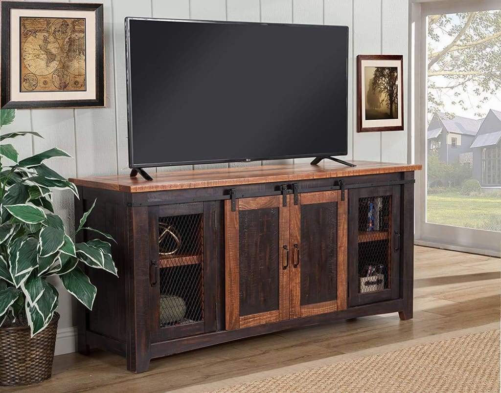 Dual Tone Wood and Metal TV Stand With 2 Mesh Style Doors Antique Black and Brown SDF-90905