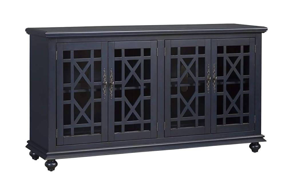 Wooden TV Stand With Trellis Detailed Doors Blue SDF-91005