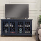 Wooden TV Stand With Trellis Detailed Doors, Blue