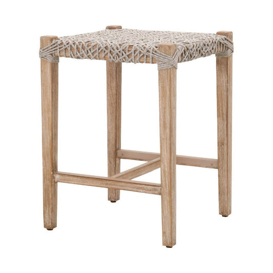 Wood Counter Height Stool with Knitted Rope Covered Seat, White and Brown By Casagear Home