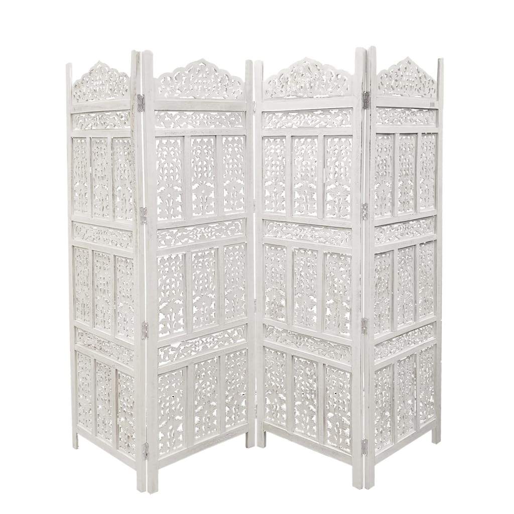 Aesthetically Carved 4 Panel Wooden Partition Screen/Room Divider Distressed White UPT-148945