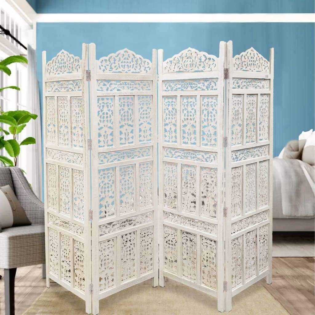71" 4-Panel Carved Wood Room Divider Screen, White By The Urban Port