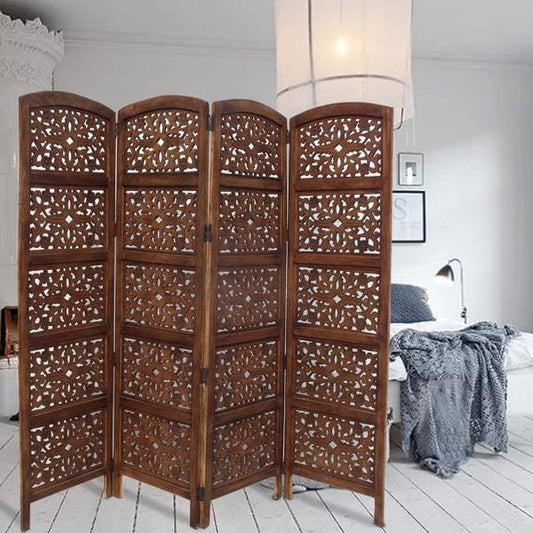 80" 4-Panel Hand Carved Wood Room Divider Screen, Brown By The Urban Port
