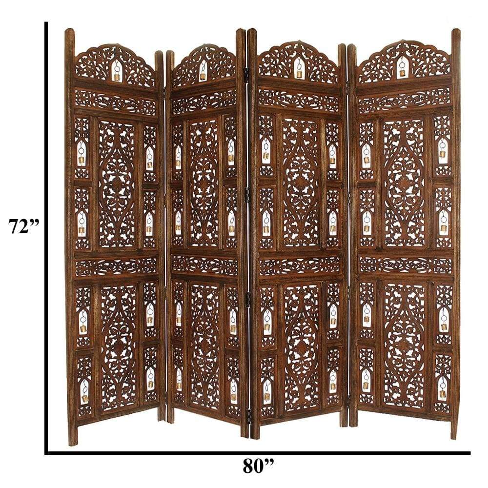 Handcrafted Wooden 4 Panel Room Divider Screen With Tiny Bells - Reversible Brown By Benzara UPT-176787
