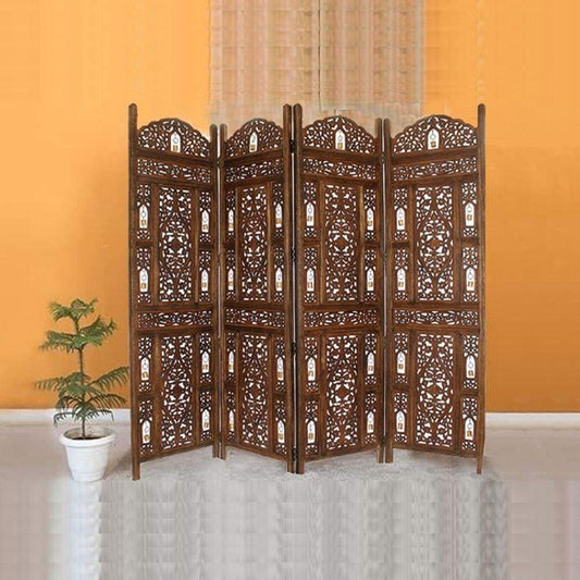 Handcrafted Wooden 4 Panel Room Divider Screen With Tiny Bells - Reversible,Brown By casagear home