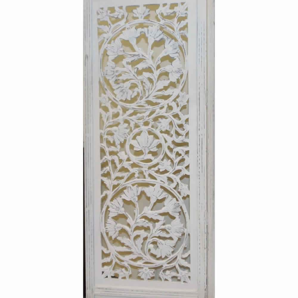 Handcrafted Wooden 4 Panel Room Divider Screen Featuring Lotus Pattern-Reversible White UPT-176788