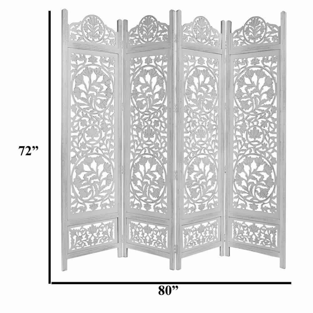 Handcrafted Wooden 4 Panel Room Divider Screen Featuring Lotus Pattern-Reversible White UPT-176788