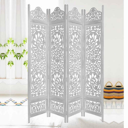 Handcrafted Wooden 4 Panel Room Divider Screen Featuring Lotus Pattern-Reversible, White By The Urban Port