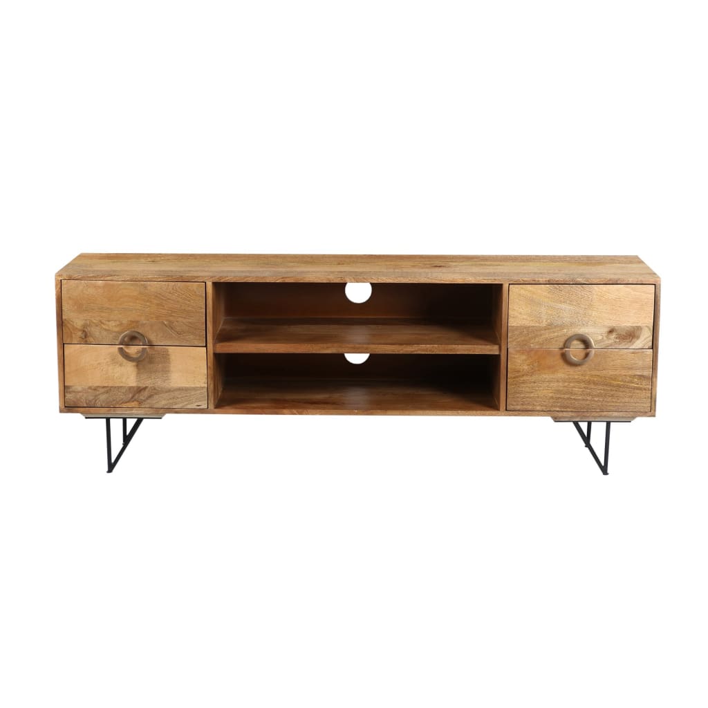 63 Inch Mango Wood TV Cabinet with Spacious Storage Natural Brown and Black UPT-195118