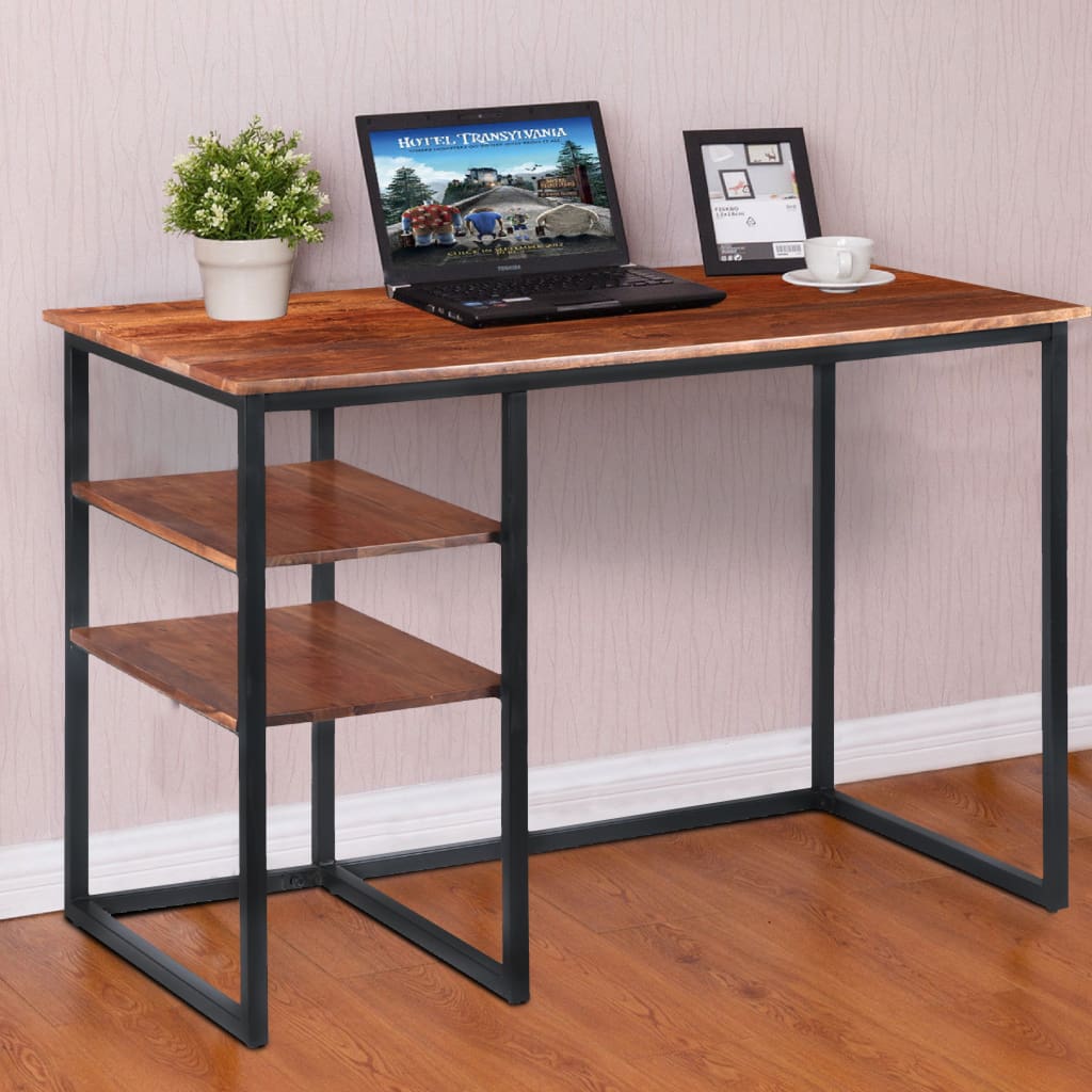 45 Inch Tubular Metal Frame Desk with Wooden Top and 2 Side Shelves, Brown and Black