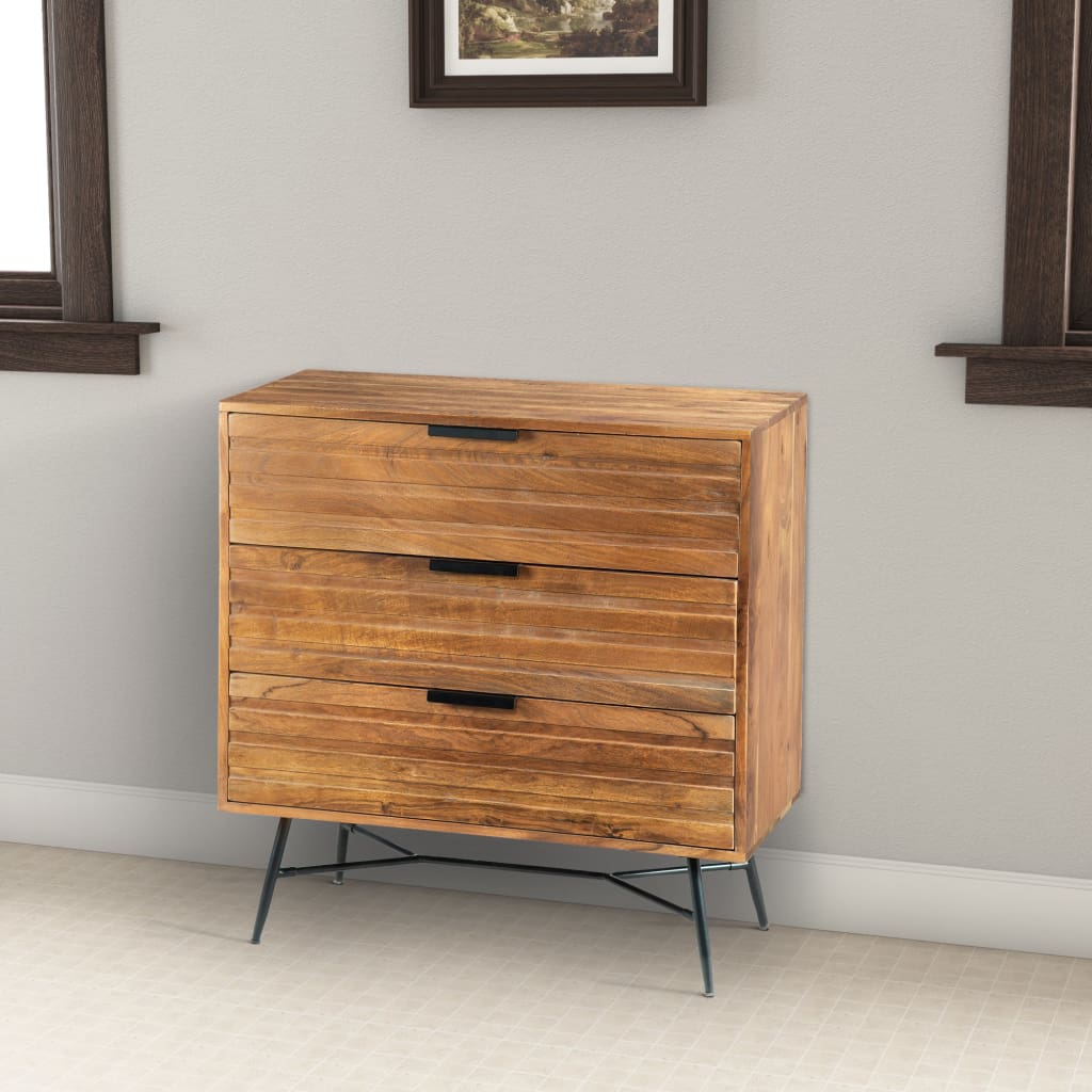3 Drawer Wooden Chest with Slanted Metal Base, Brown and Black By The Urban Port