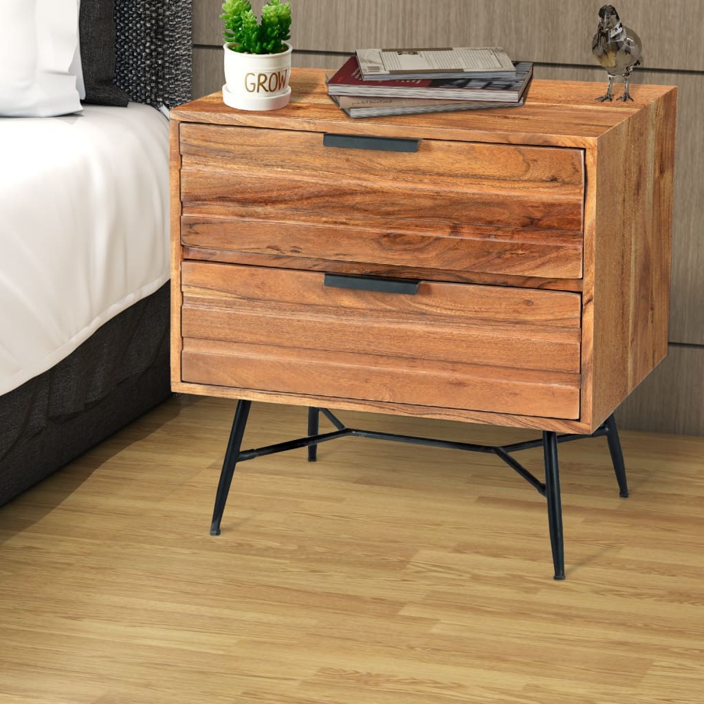 2 Drawer Wooden Nightstand with Metal Angled Legs, Black and Brown By The Urban Port