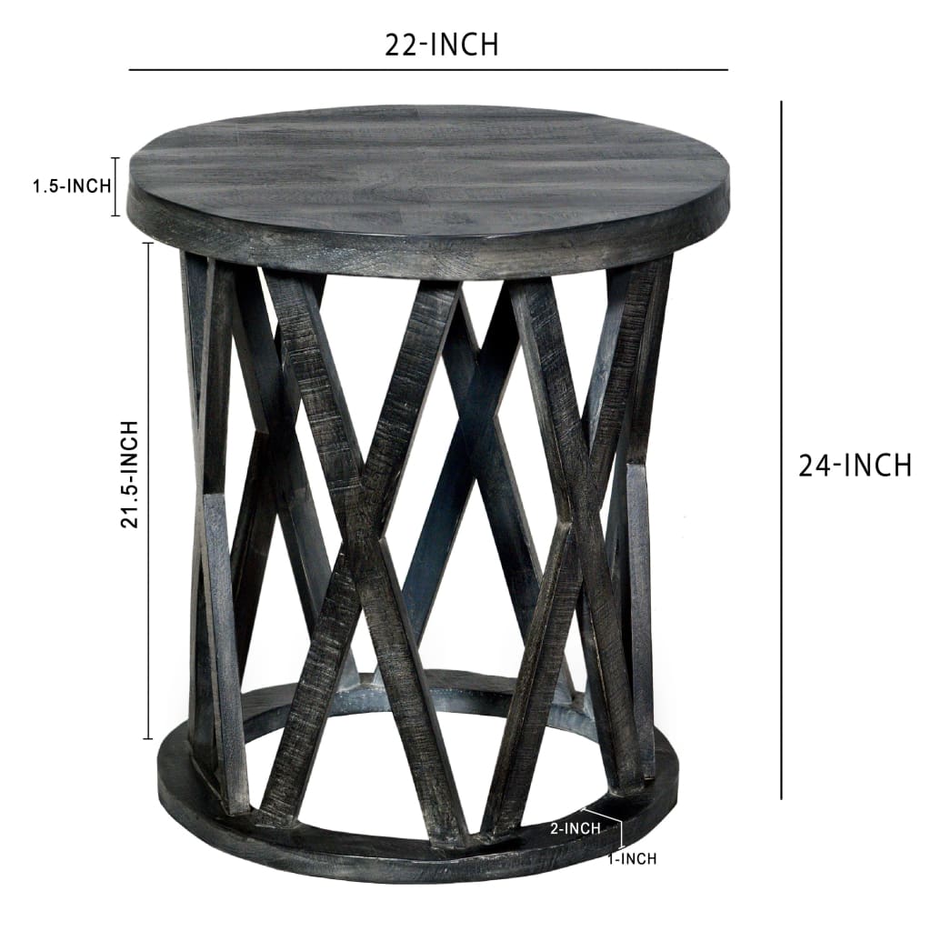 22 Inch Farmhouse Style Round Wooden End Table with Airy Design Base Dark Gray UPT-195129