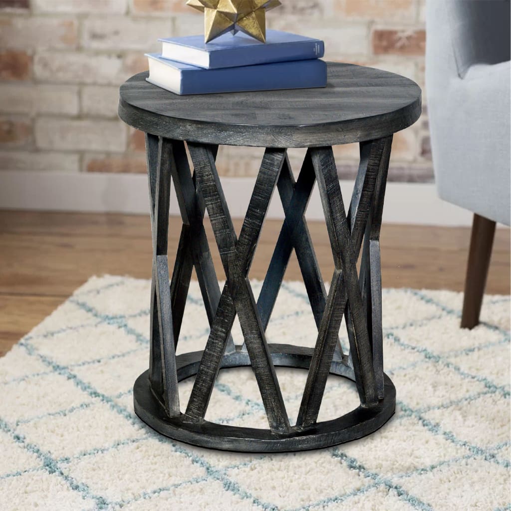 22 Inch Farmhouse Style Round Wooden End Table with Airy Design Base, Dark Gray By The Urban Port