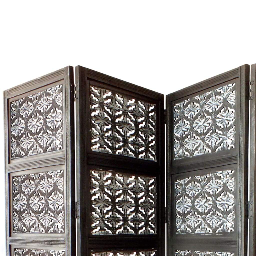 Four Panel Mango Wood Room Divider with Traditional Carvings Black and White UPT-195270