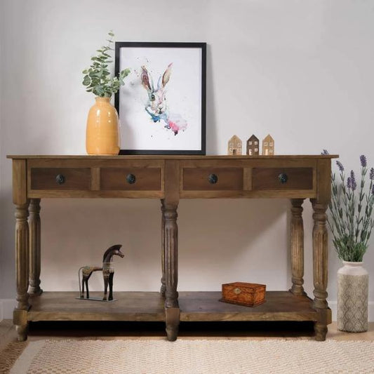 Traditional Wooden Console Table with 4 Drawers and Turned Legs, Brown By The Urban Port