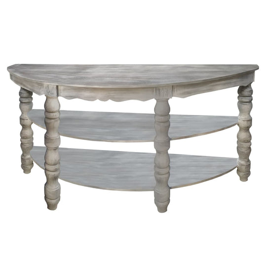 Half moon Shaped Wooden Console Table with 2 Shelves and Turned Legs, Gray By The Urban Port