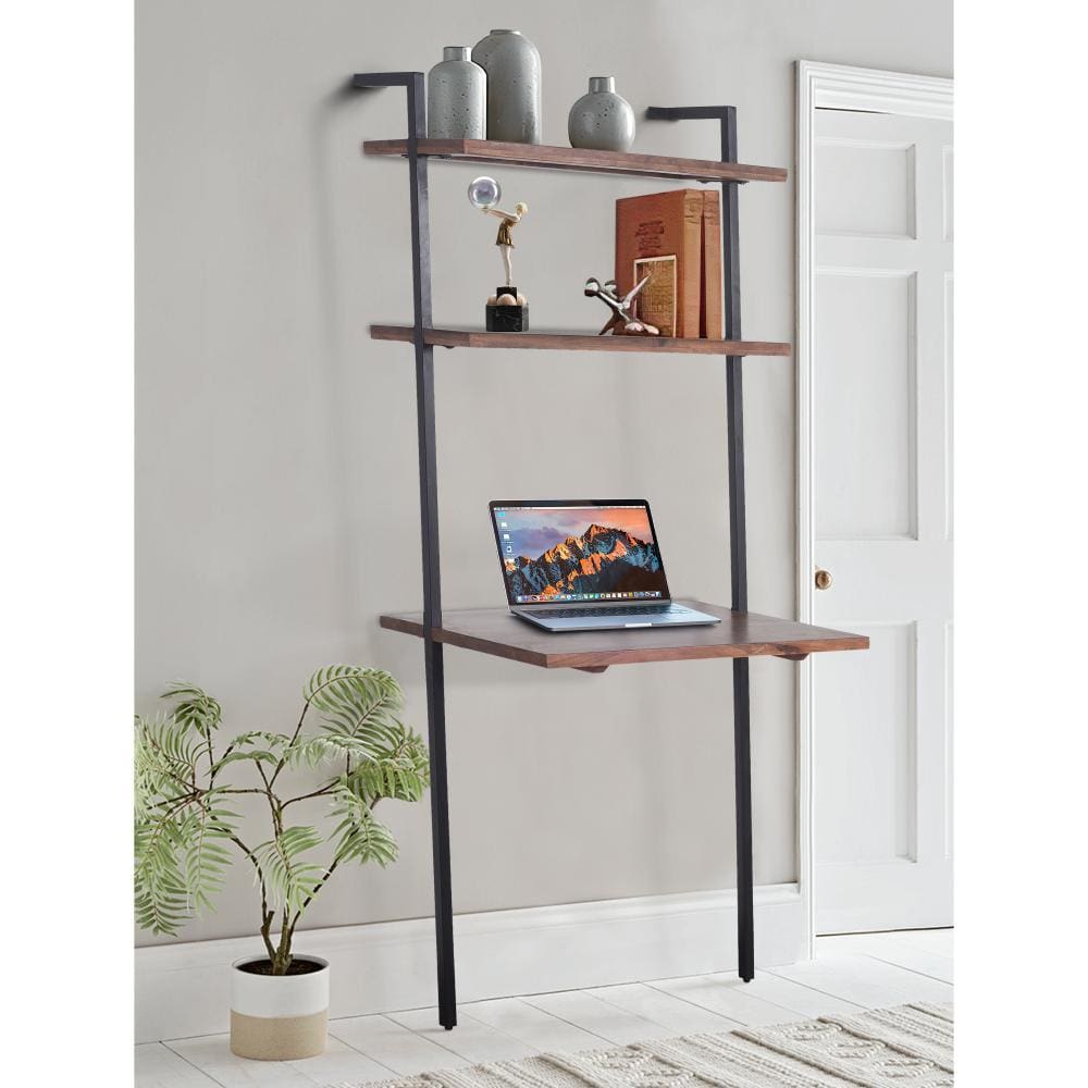 Industrial 3 Tier Mango Wood Ladder Storage Wall Shelf with Tubular Frame, Brown and Black By The Urban Port