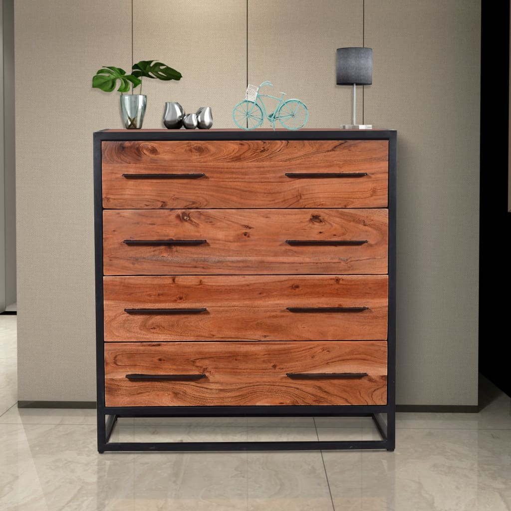 Handmade Dresser with Grain Details and 4 Drawers, Brown and Black By The Urban Port