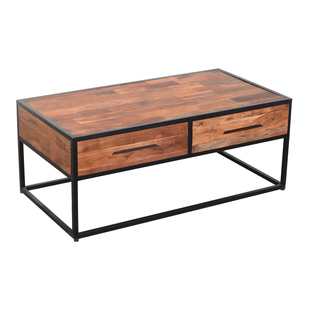 2 Drawer Industrial Metal Coffee Table with Wooden Tile Top Brown and Black By The Urban Port UPT-197873