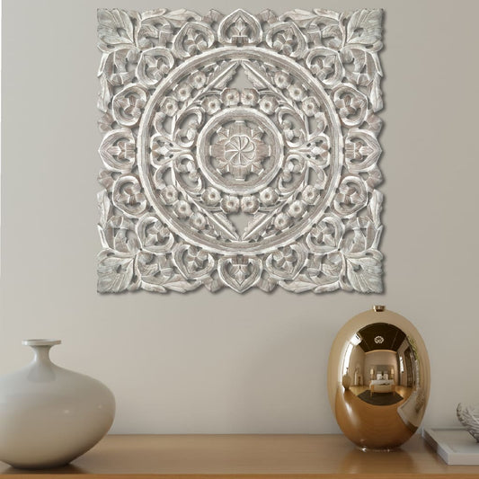 Distressed Square Shape Wooden Wall Panel with Traditional Carvings, White