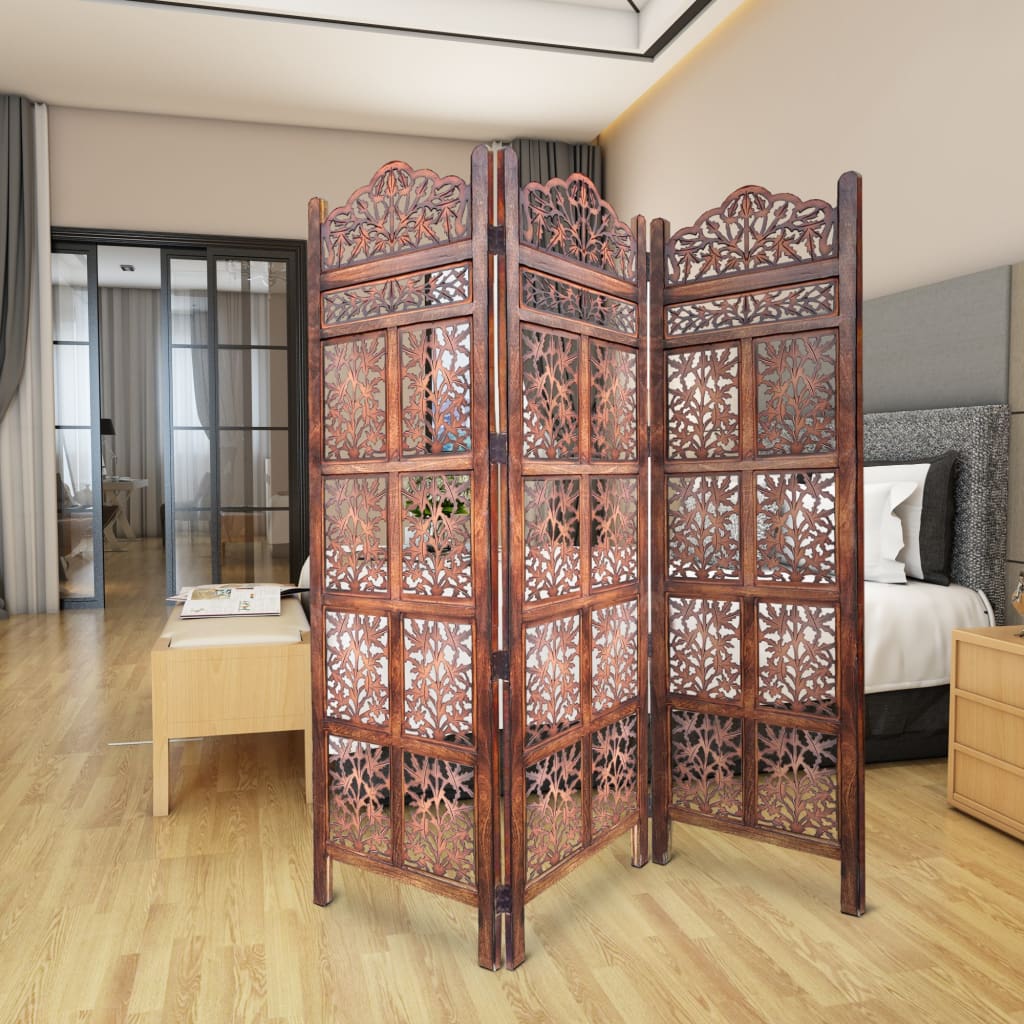 3 Panel Mango Wood Screen with Intricate Cutout Carvings, Brown By The Urban Port