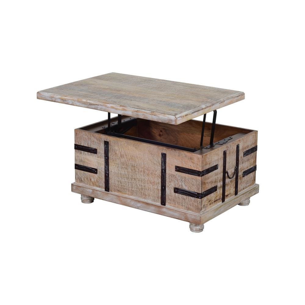 Farmhouse Mango Wood Lift Top Storage Coffee Table with Metal Inlays Brown and Black By The Urban Port UPT-204782