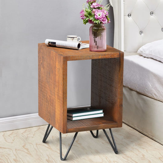 22 Inch Textured Cube Shape Wooden Nightstand with Angular Legs, Brown and Black By The Urban Port