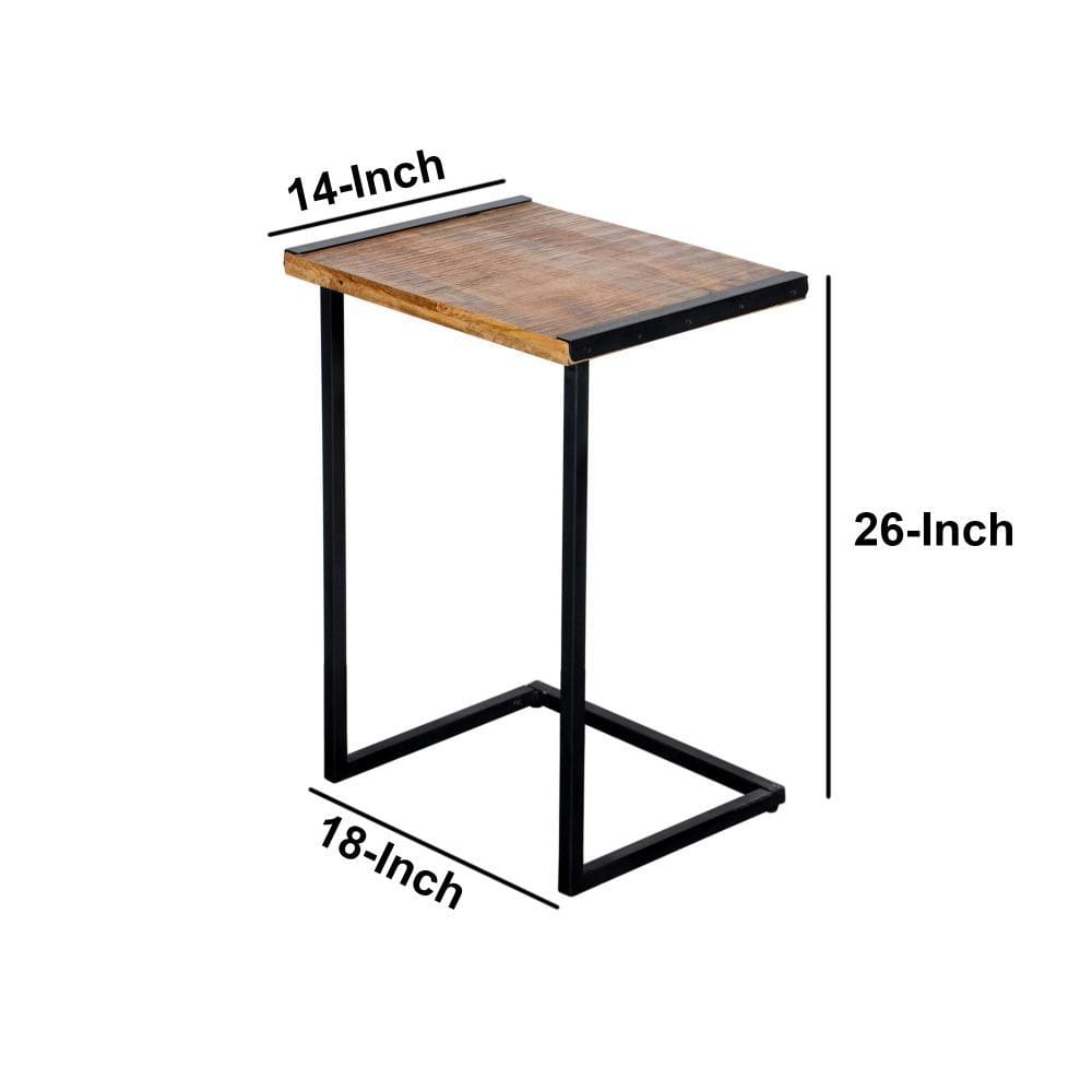 C Shape Mango Wood Sofa side End Table with Metal Cantilever Base Brown and Black By The Urban Port UPT-204790