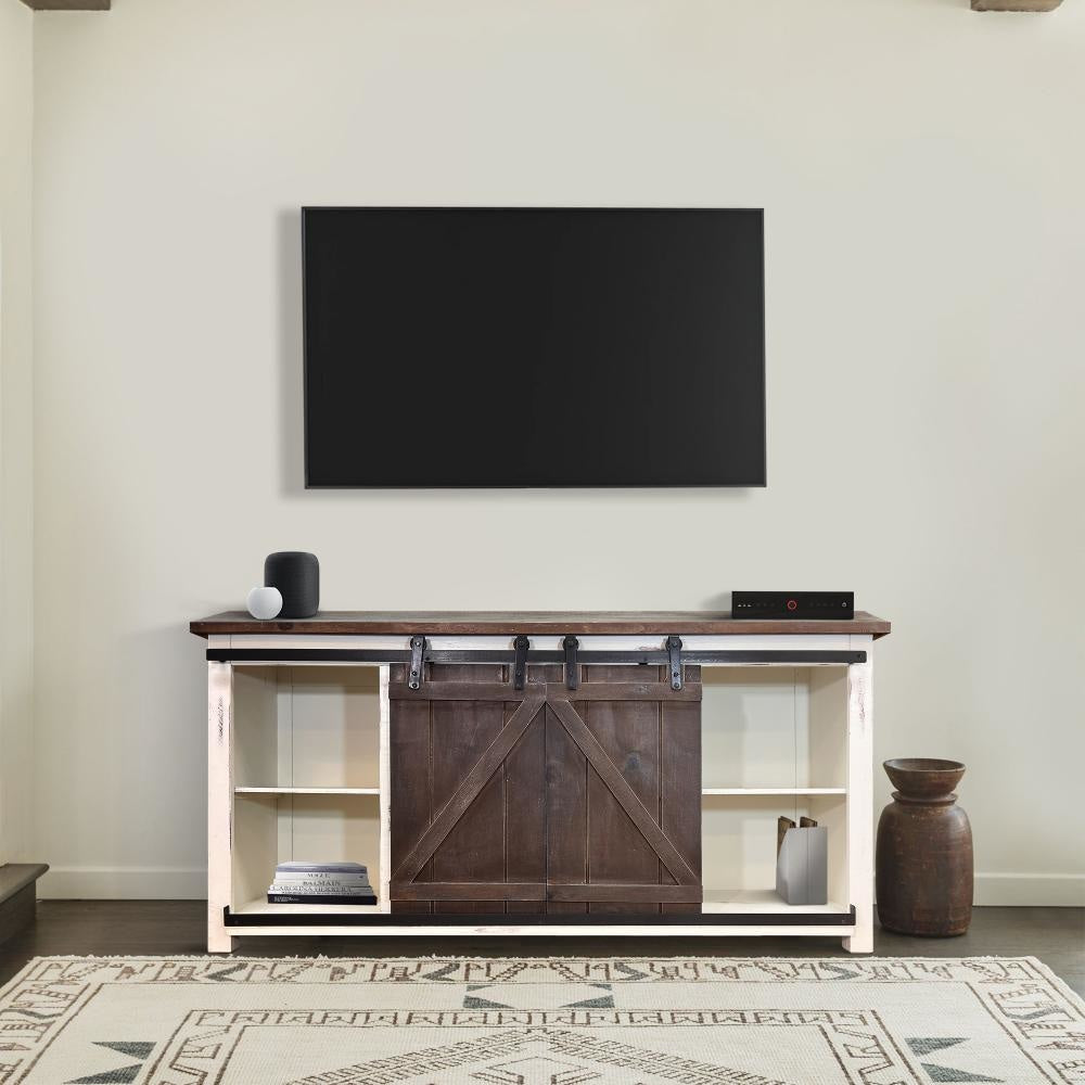 69 Inch Wooden Media Console with Barn Style Sliding Door, Brown and White By The Urban Port