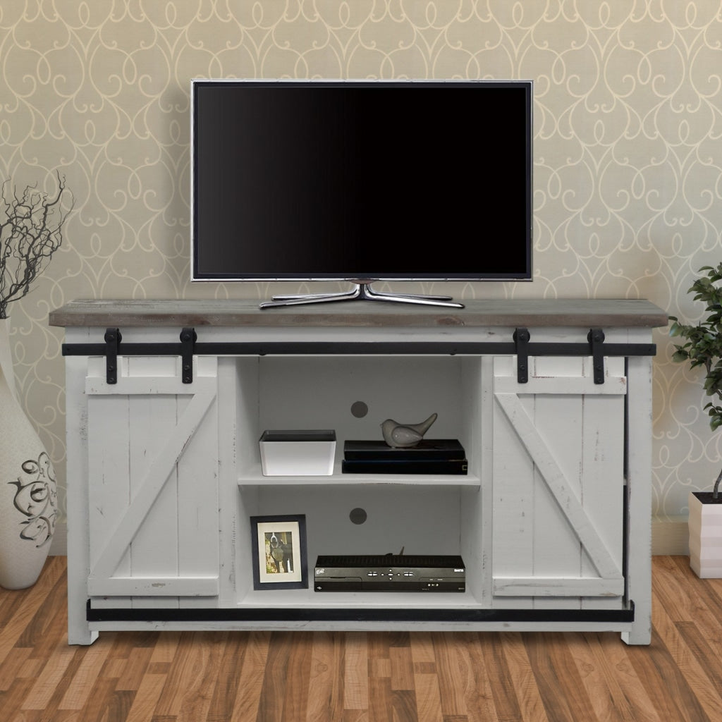 69 Inch Wooden Media Console with Barn Style Sliding Door Brown and White By The Urban Port UPT-205744