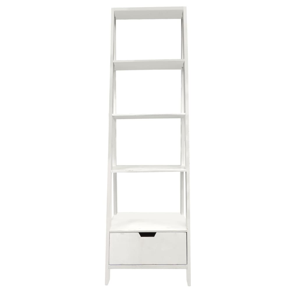 4 Shelf Wooden Ladder Bookcase with Bottom Drawer Distressed white UPT-205750